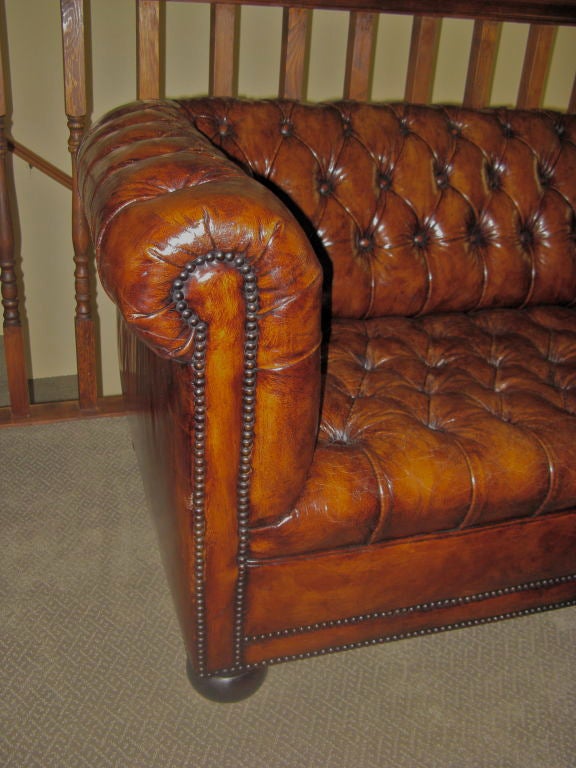 English Leather Tufted Chesterfield Sofa circa 1940's 2