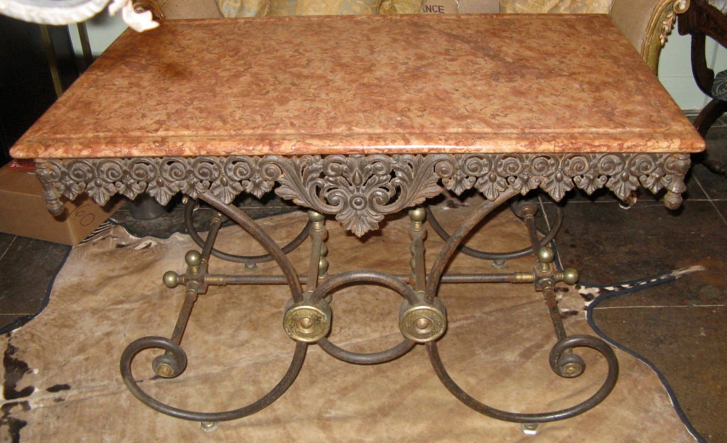French wrought iron & brass pastry table with the original marble top.