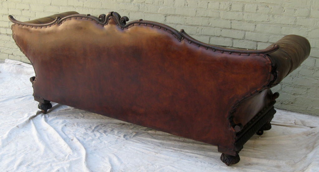 19th Century Carved Walnut Leather Tufted Sofa 7