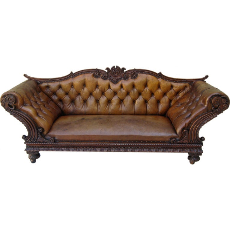 19th Century Carved Walnut Leather Tufted Sofa