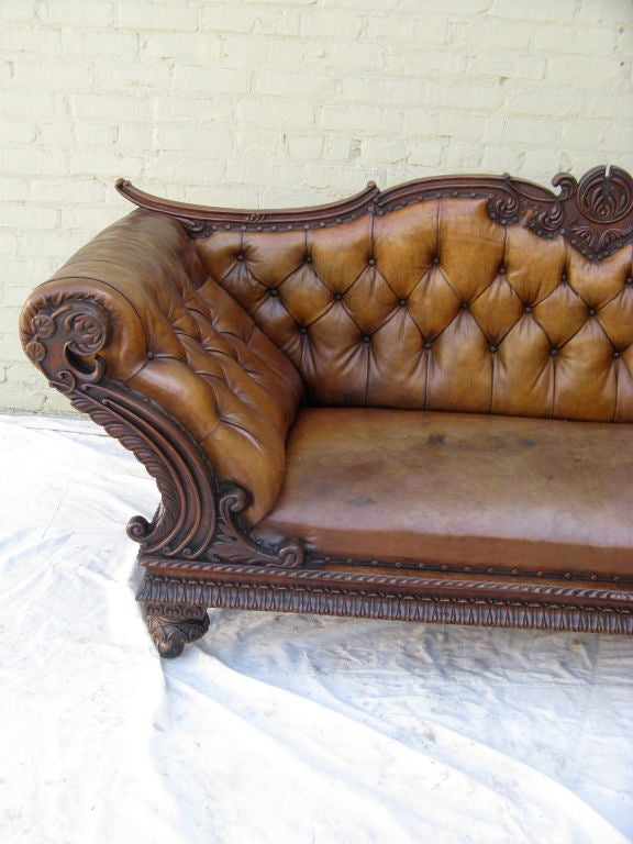 19th Century Carved Walnut Leather Tufted Sofa 1