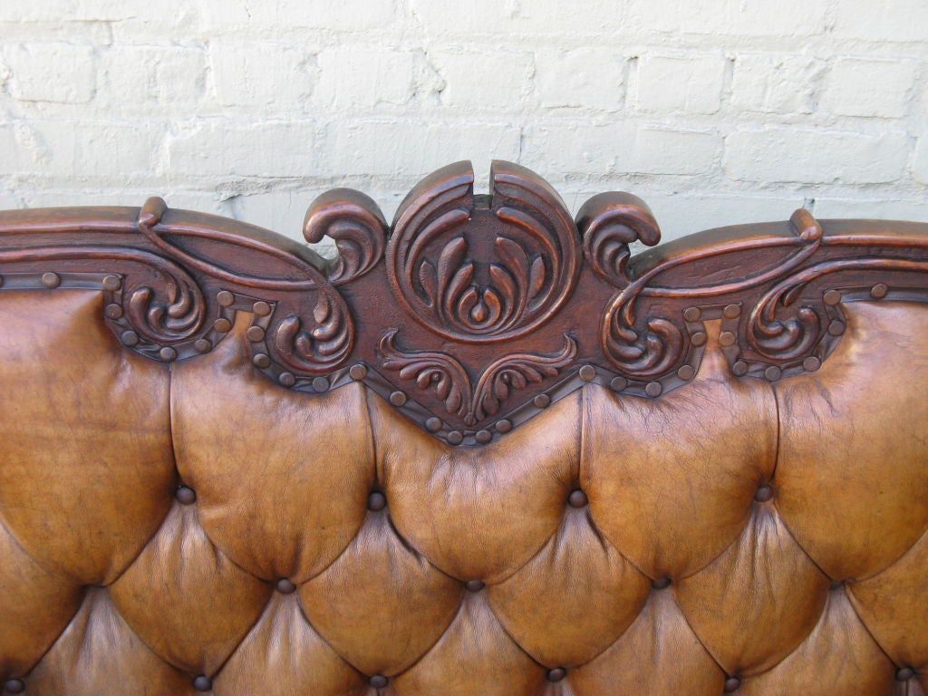 19th Century Carved Walnut Leather Tufted Sofa 2
