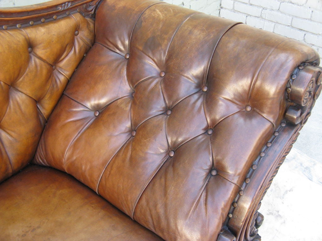 19th Century Carved Walnut Leather Tufted Sofa 3