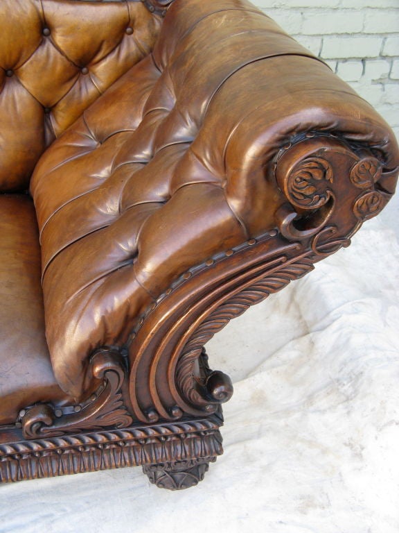 19th Century Carved Walnut Leather Tufted Sofa 4