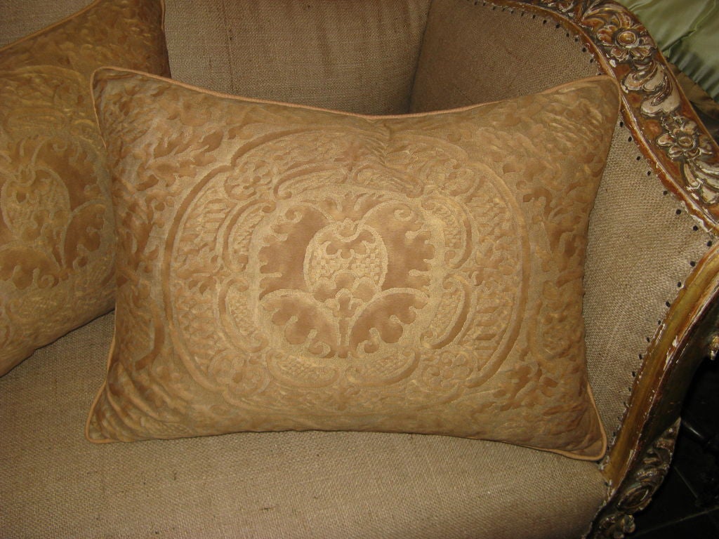 Pair of stunning bronze & gold colored Fortuny pillows with linen backs and cord detail.