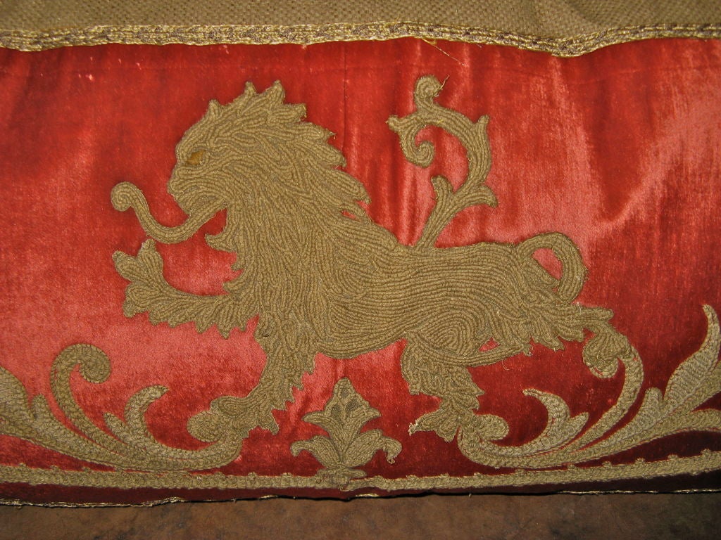 Italian  19th Century Embroidered Lion Velvet Pillow