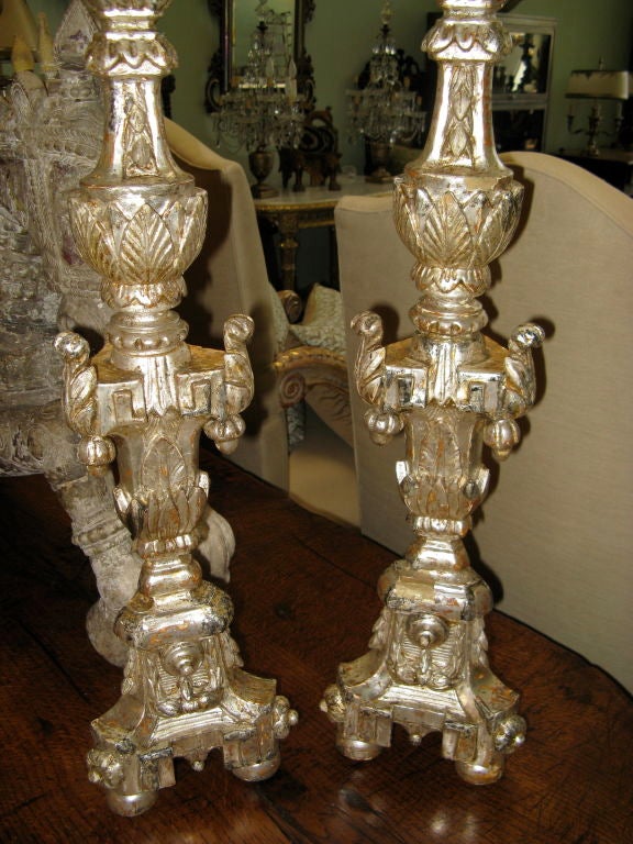 Pair of Carved White Gold Leaf Candlesticks C. 1900's