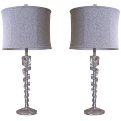 Retro Pair of Twisted Barley Acrylic Lamps with Silk Shades