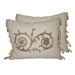 Pair of Antique Metallic Appliqued Linen Pillows with Fringe