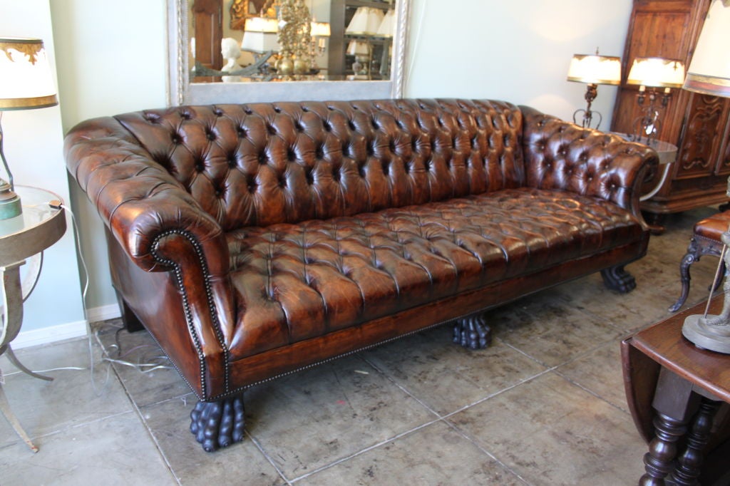 20th Century Grand Scaled  Lion Paw Leather Tufted Sofa