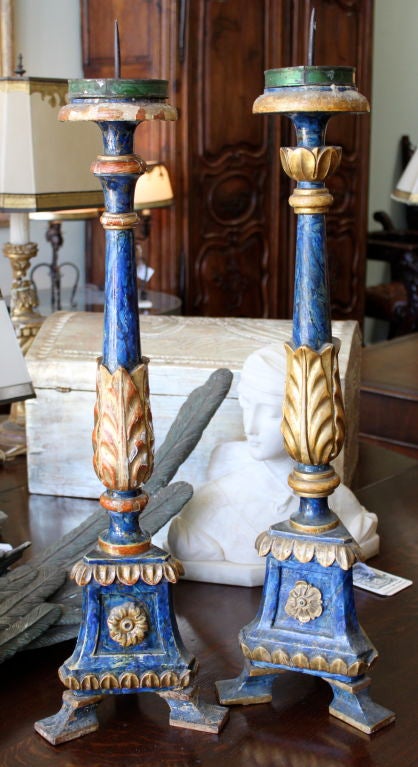 Pair of Italian Painted & Parcel Gilt Candlesticks C. 1800's