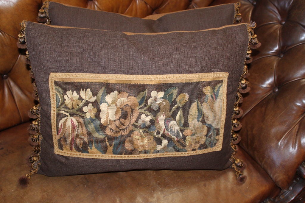 Pair of 19th C. Floral Tapestry Pillows with Ball Fringe