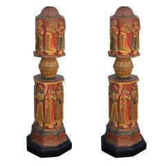 Antique Interesting Pair of Indian Polychrome Lamps