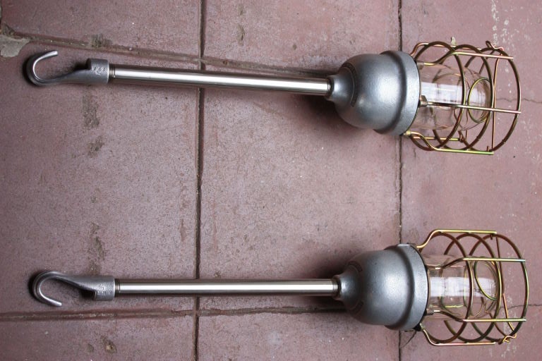 Pair of Metal Caged Hanging Lamps