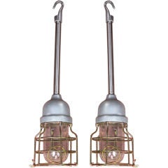 Pair of Metal Caged Hanging Lamps