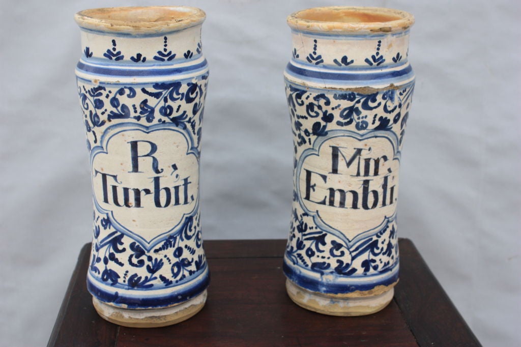 Fine pair of Portugese blue and white early jars .