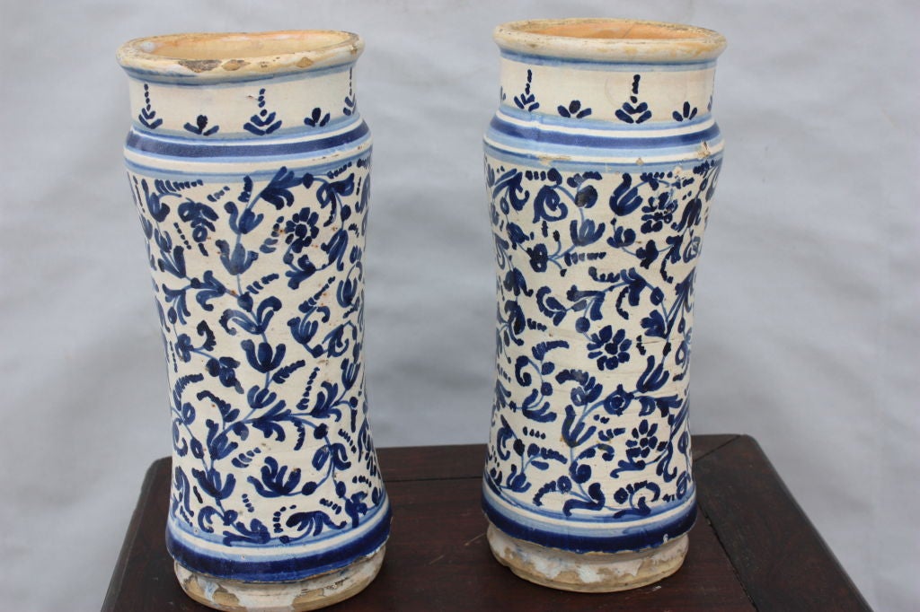 Ceramic Pair of Portugese Arborello Apothecary Jars
