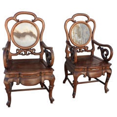 Chinese Rosewood Marble Back Arm Chairs