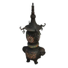 Japanese Champleve Bronze Pagoda Lamp on Top of War Dog