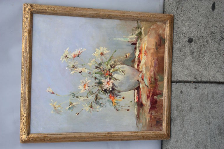 Highly decorative painting of vase with flowers by well listed artist Mildred Bendall.  Painting is in its original period antique gilt frame.