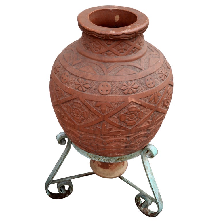 Los Angeles Italian Terra Cotta Oil Jar in Stand For Sale