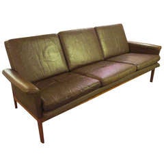 France and Son Teak Danish Brown Leather Sofa