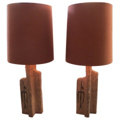 Pair of Volcanic Glazed Ceramic Lamps with Prehistoric Cave Painting
