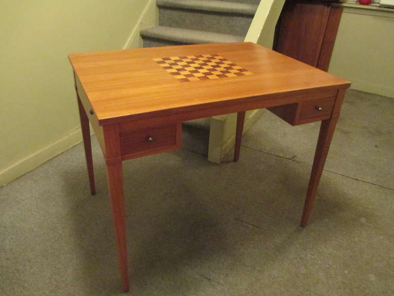 Beautiful, probably Danish Reversable Top Chess/Game Table.  Chess Board is inlaid with rosewood and birch.  Whole top sits on felt covered table frame for ease of flipping!  Whole table has been refinished and is ready to go!