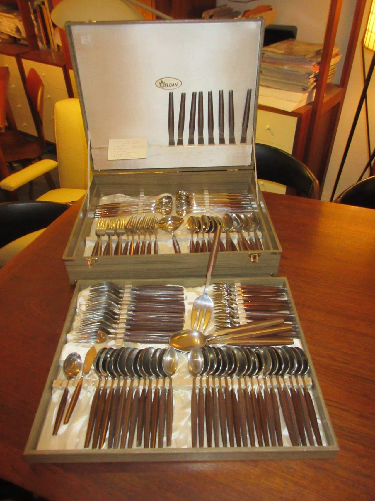 Huge set of stainless flatware with melamine insert handles by American Company Eldan made in Japan.
12 ice tea spoons.
12 soup spoons.
12 salad forks.
30 teaspoons
12 shrimp cocktail forks.
Three serving spoons, one serving knife
ladle,