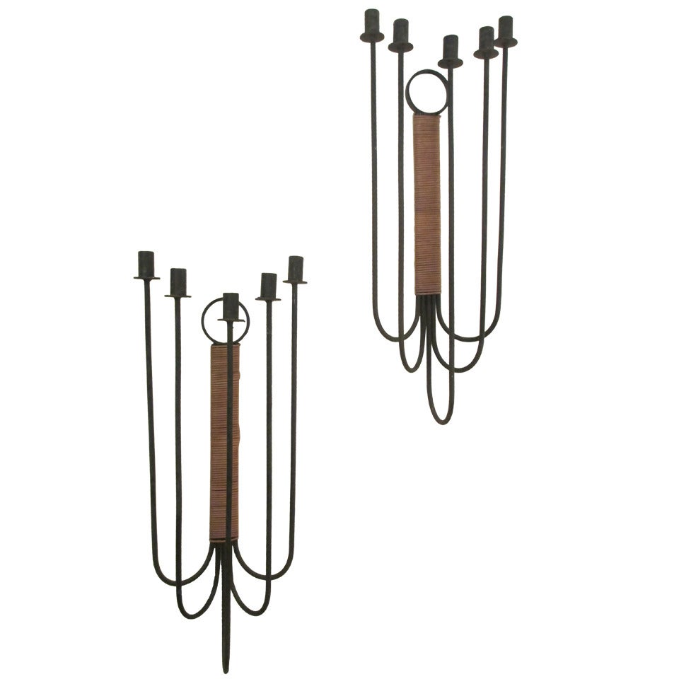 Arthur Umanoff for Raymor Pair of Rattan and Wrought Iron Sconces