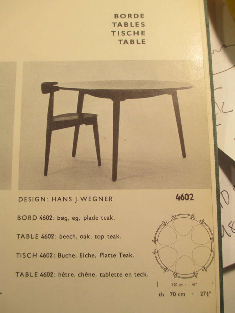 Teak Hans Wegner for Fritz Hansen Three Legged Table and SIx Stacking Chairs