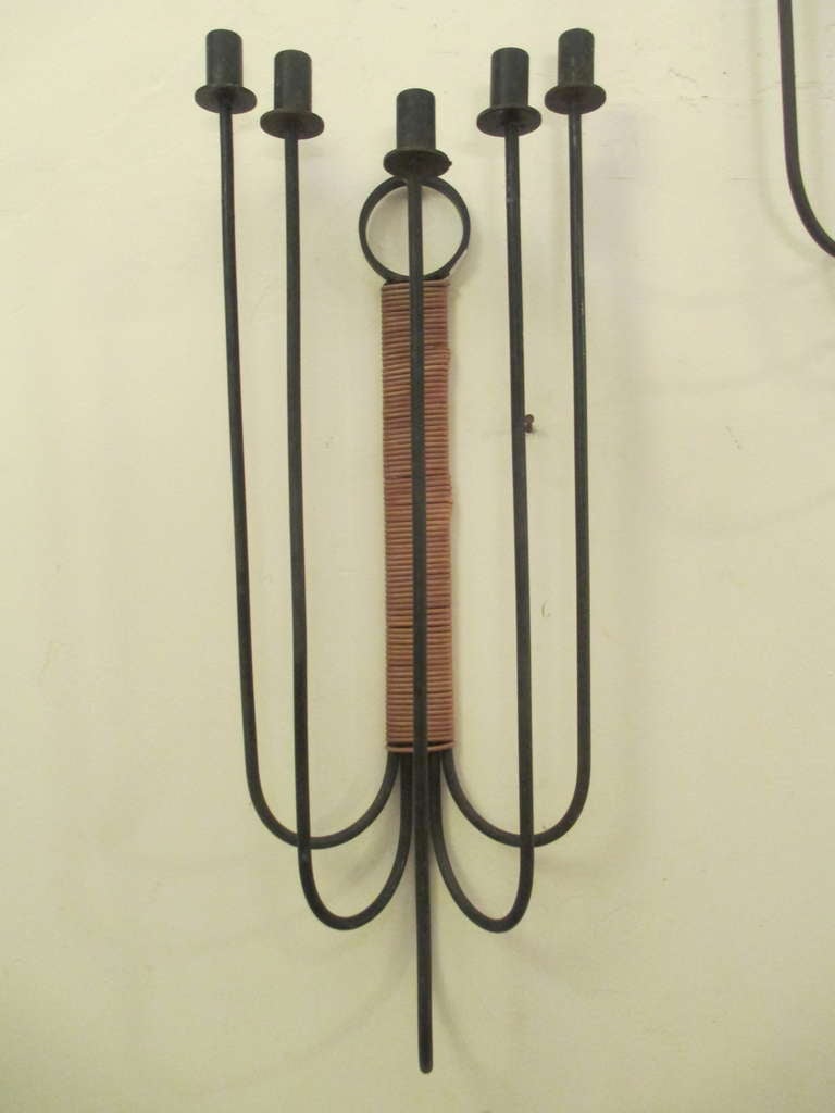 American Arthur Umanoff for Raymor Pair of Rattan and Wrought Iron Sconces