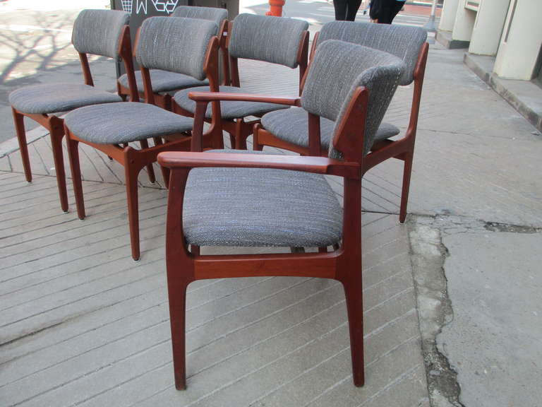 Scandinavian Modern Danish Teak Set of Dining Chairs in Knoll Fabric by Erik Buch