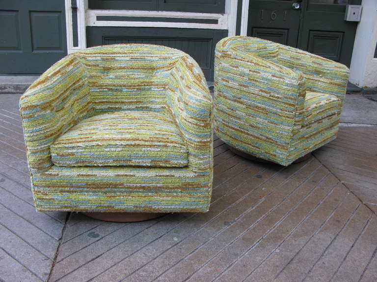 Fabric Pair of Milo Baughman Swivel Chairs 