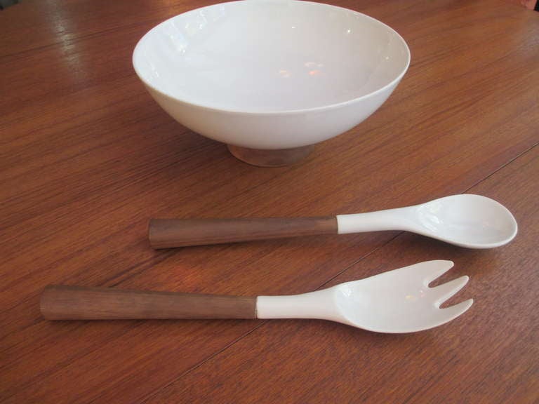 White ceramic salad bowl with fork and spoon.  All three pieces have walnut handels or base.  Was a 1959 wedding present  