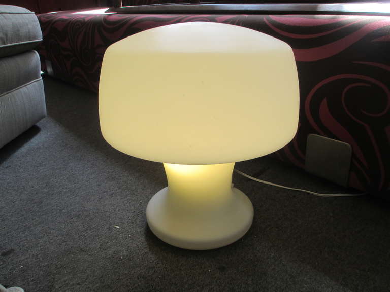 Mushroom shaped frosted blown glass table lamp by Laurel Lighting.  This 70's lamp is in perfect condition and retains it's original label.  Beautiful quality of light that glows!