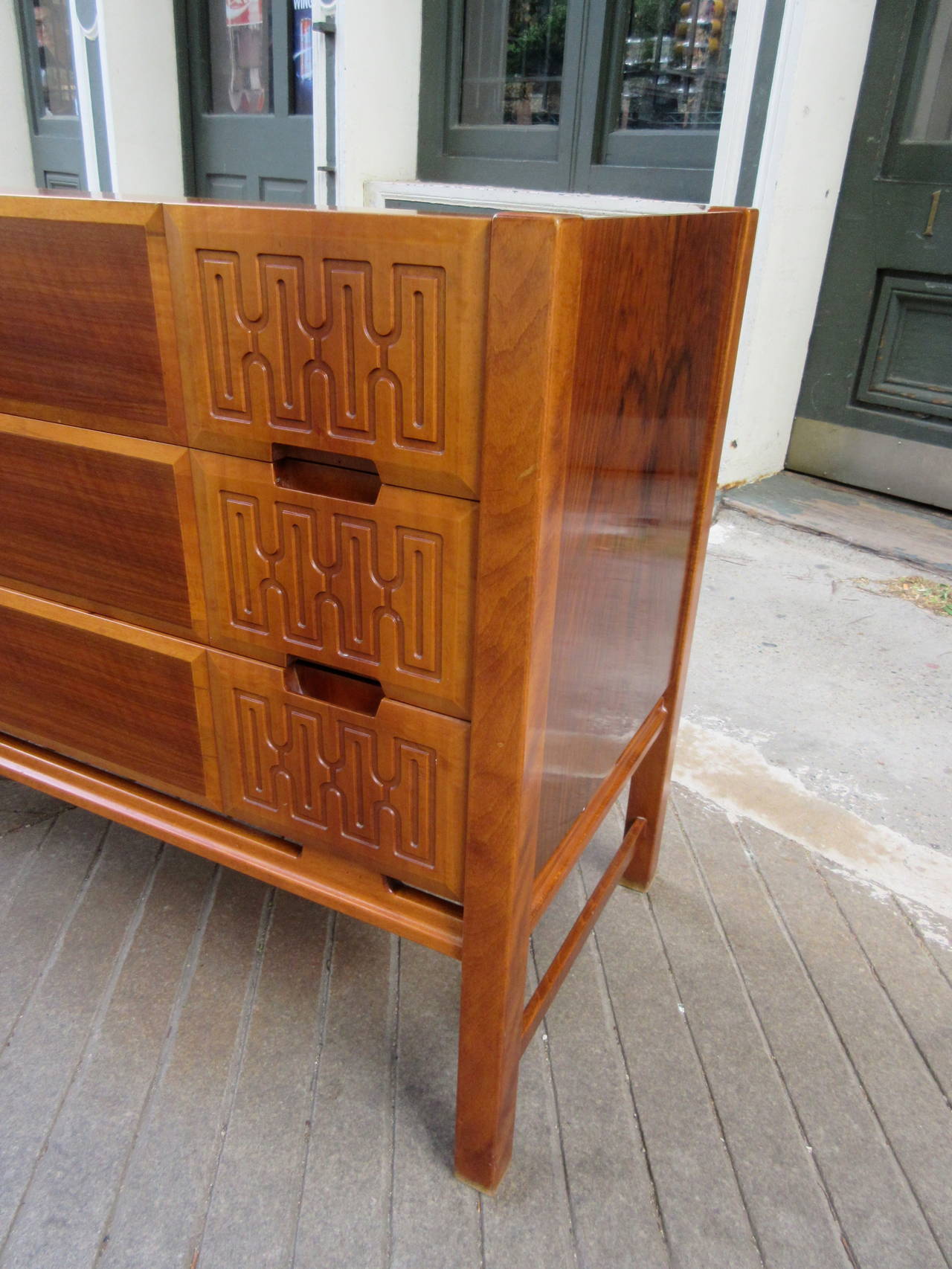 Six-drawer Swedish dresser attributed to Edmond Spence from the late 1950s. Drawers on the left hand side are wider than the three drawers on right. Each drawer has a carved panel design. Very clean original condition. Please see other listings for