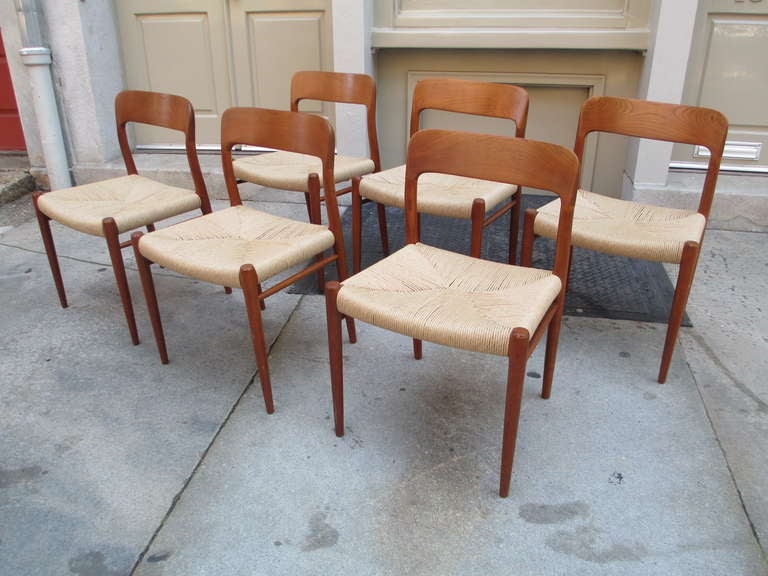 Neils Moeller Set of Six Teak Dining Chairs with Rush Seats
