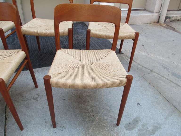 Scandinavian Modern Neils Moeller Set of Six Teak Dining Chairs with Rush Seats 