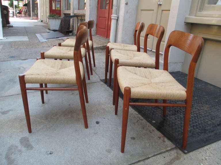 Danish Neils Moeller Set of Six Teak Dining Chairs with Rush Seats 