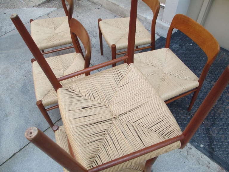 Mid-20th Century Neils Moeller Set of Six Teak Dining Chairs with Rush Seats 