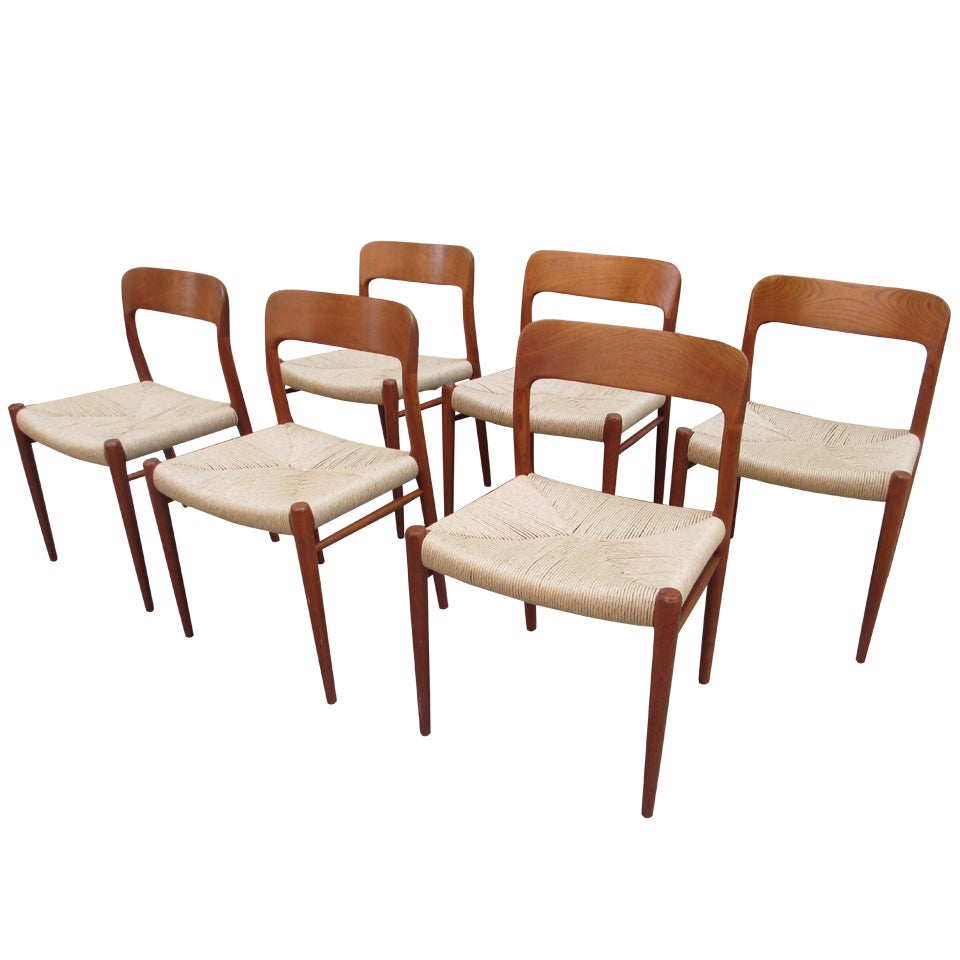 Neils Moeller Set of Six Teak Dining Chairs with Rush Seats 