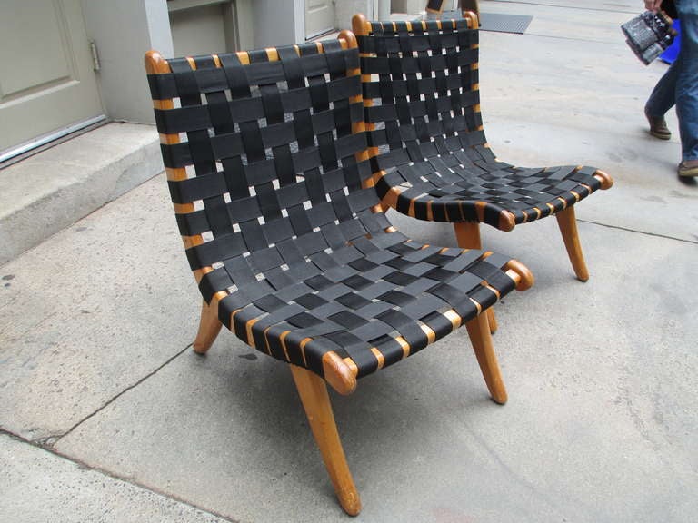 Sold pine framed chairs reminiscent of Jens Risom's early strap chairs for Knoll.  Made in Mexico for Domus in the 1950s.  Both chairs retain comprehensive original labels.  Bought from the original owner.
