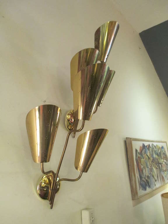 Pair of 1950's Lightolier Brass Sconces  In Excellent Condition In Philadelphia, PA