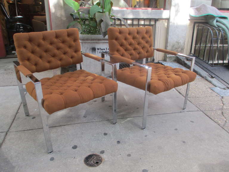 All original Baughman armchairs.  The Thayer Coggin tags and the production tags for the Alexander Family from whom these were bought are intact. Fabric is the original hopsack in ohcre and both fabric and chrome are excellent.  We have and