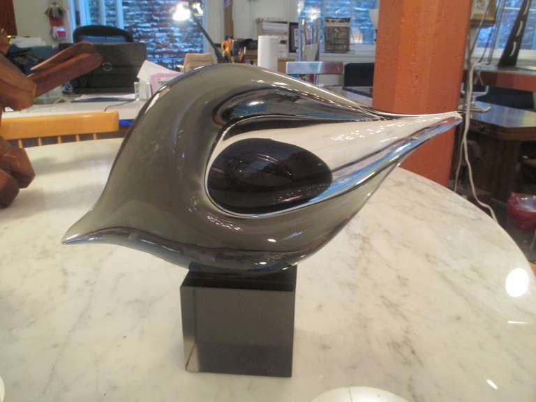Livio Seguso signed sculpture of freeform smoked glass on a glass cylinder. commonly called the Eye.