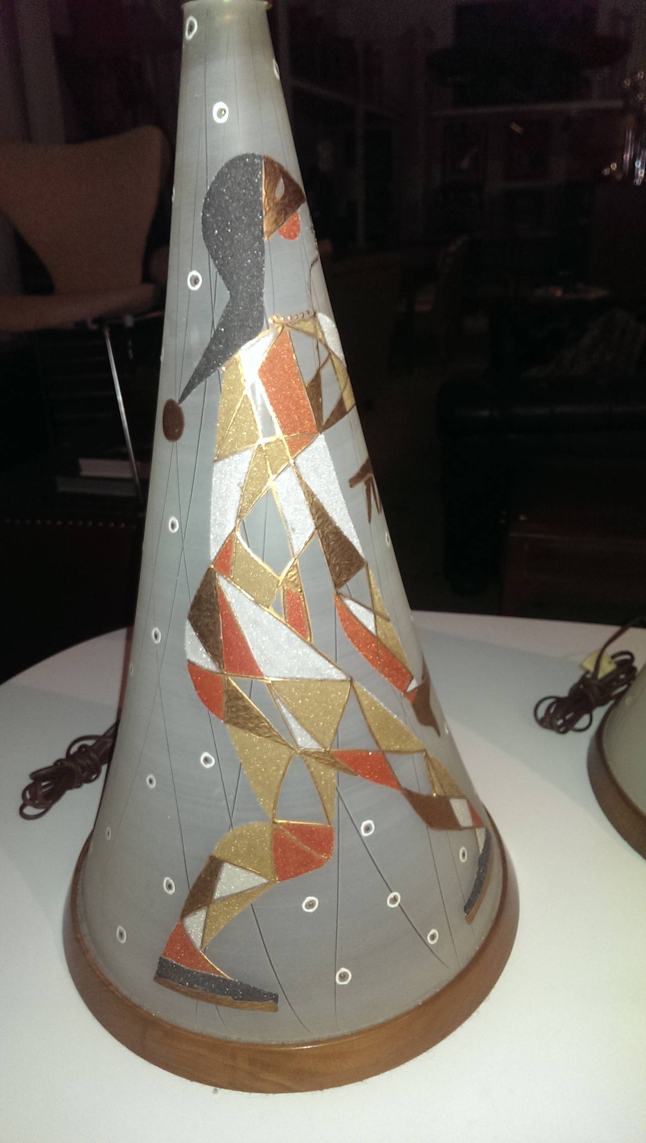 Mid-Century Modern 1950s Enamel on Glass Harlequin Lamps