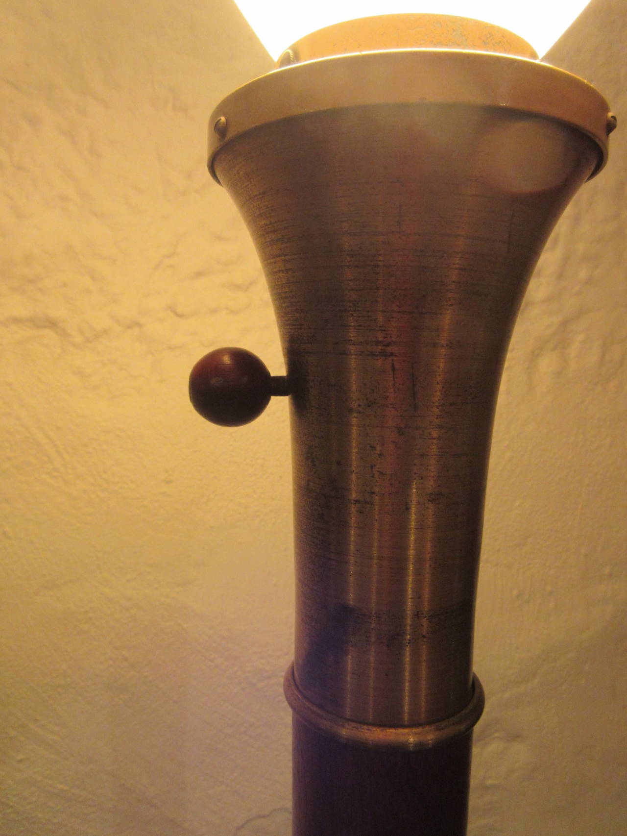 Mid-Century Modern Russel Wright Mahogany and Brass Three-Way Floor Lamp