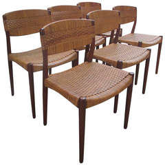 Six Solid Teak and Caned Chairs