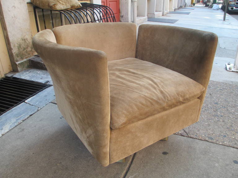 Late 20th Century Suede Leather Barrel Armchair with Brass Base, 1970s